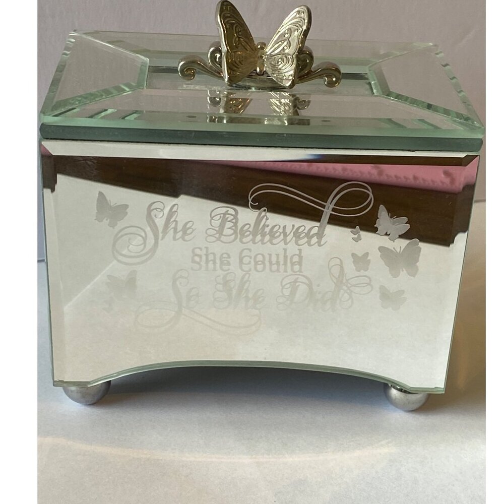 Glass Jewelry Box With Butterfly Lid & "She Believed She Could" Quote Bradford E